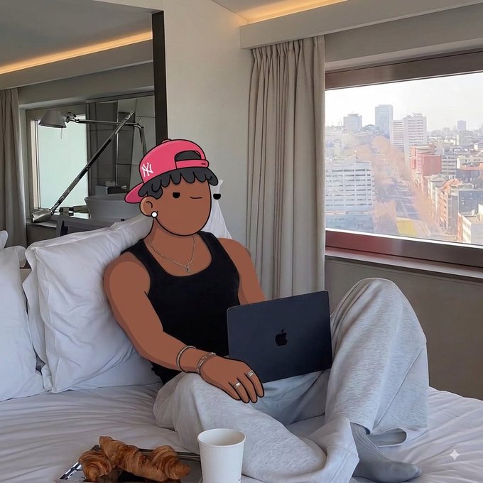 A cartoon-style figure wearing a black tank top, grey sweatpants, a pink NY baseball cap, and sunglasses sits on a bed with a MacBook laptop on their lap, next to a window overlooking a city, with croissants and a coffee cup nearby.