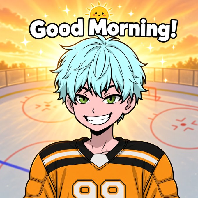 An anime-style illustration of a smiling character with mint green hair and green eyes wearing a yellow sports jersey, with 'Good Morning!' text above against an ice rink background.