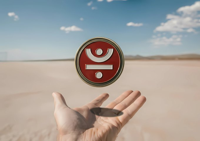 A hand holding up a circular red and gold token with an eye-like symbol, set against a desert landscape with a blue sky and clouds.