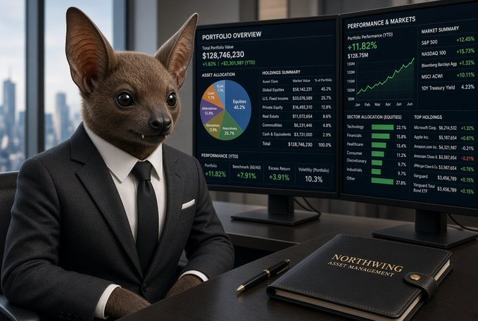 An AI-generated image depicts an anthropomorphic bat wearing a business suit and tie sitting at a desk, with monitors behind displaying portfolio overview data and performance metrics, plus a 'NORTHWING ASSET MANAGEMENT' binder.