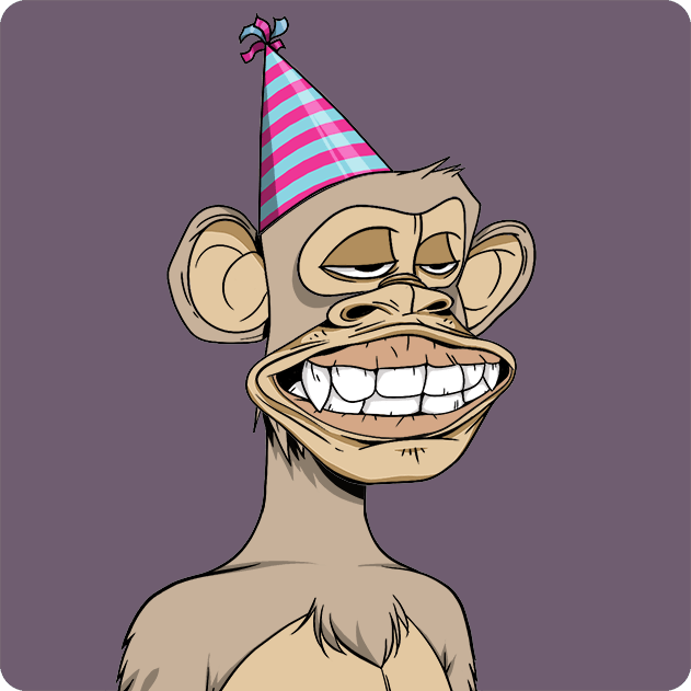 A cartoon illustration of a monkey-like character with large ears and prominent teeth, wearing a blue and pink striped party hat against a solid purple background.