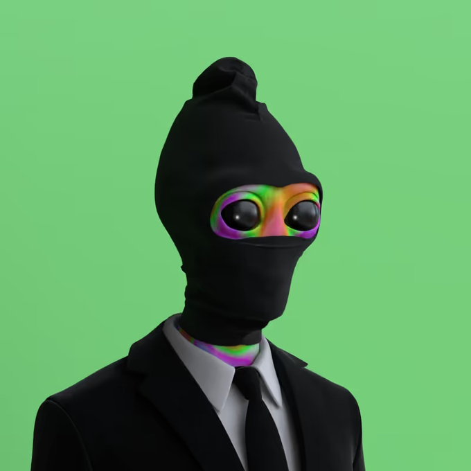 A 3D rendering depicts a figure in a black suit and tie wearing a black balaclava with large black eyes and rainbow-colored skin around the eye area, set against a green background.