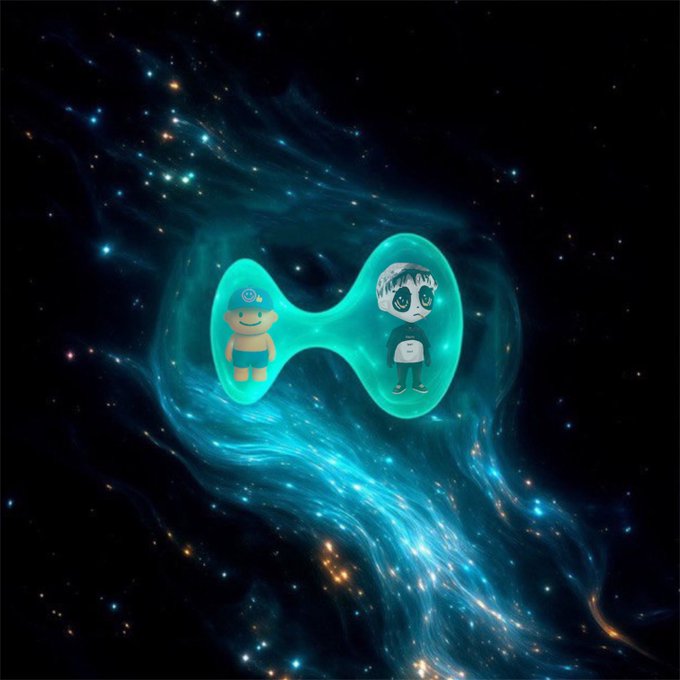 A whimsical illustration of two cartoonish figures—one resembling a monkey with a blue cap and the other a pale humanoid with dark hair—encased in a teal, blob-like membrane against a starry, cosmic background.