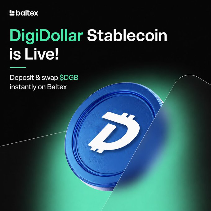 The image announces that DigiDollar Stablecoin is live and available to deposit and swap $DGB instantly on Baltex. It visually represents this exciting development with a prominent DigiByte coin.