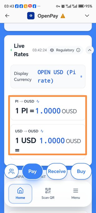 The image shows the OpenPay app displaying live exchange rates, with 1 PI = 1.0000 OUSD, supporting the post's speculation that Pi may be pegged 1:1 to the newly launched OUSD stablecoin.