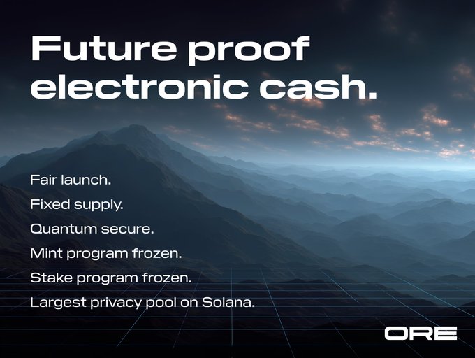 The image features a mountain landscape with a blue sky, clouds, and mountains. The text "FUTURE PROOF ELECTRONIC CASH." is displayed above the scene. Below this, there are descriptions of an electronic cash system that can be used for transactions in the future.