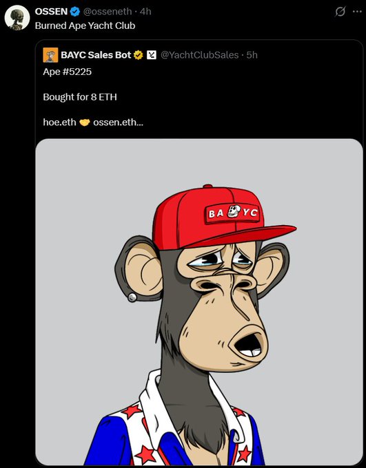 A tweet by OSSEN quoting BAYC Sales Bot about purchasing Ape #5225 for 8 ETH, featuring a Bored Ape Yacht Club NFT image with a sad expression wearing a red hat.
