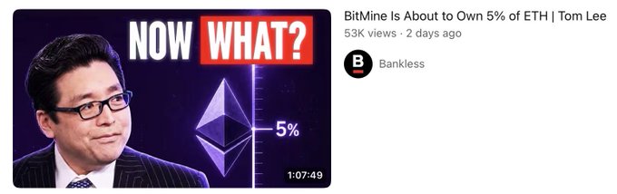 A YouTube thumbnail for Bankless's video "BitMine Is About to Own 5% of ETH | Tom Lee" shows Tom Lee alongside an Ethereum logo marked "5%," humorously tied to the post joking that BitMine's "Bit" prefix should shift from Bitcoin to ETH.