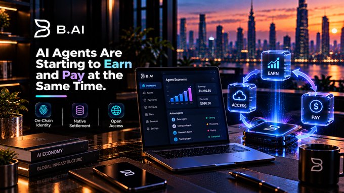 B.AI advertisement showing 'AI Agents Are Starting to Earn and Pay at the Same Time,' featuring a laptop with a dashboard alongside icons representing 'On-Chain Identity,' 'Native Settlement,' and 'Open Access.'