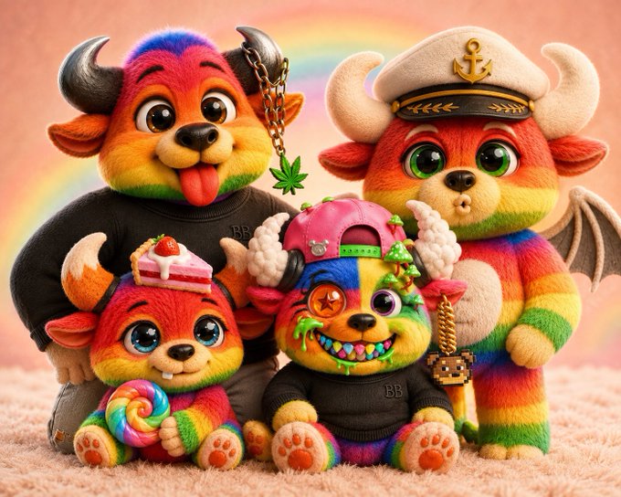 Four rainbow-colored, furry horned creatures in cute outfits pose together against a pink background with a rainbow, featuring accessories like a sailor hat, pizza hat, and pixel sword.