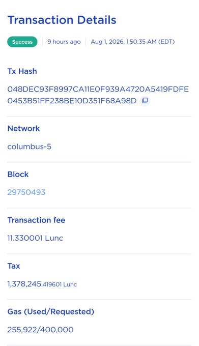 A transaction details page displays a successful "columbus-5" network transaction with a hash beginning "048DEC93F8997CA11E0F939A4720A5419FDFE0453B51FF238BE10D351F68A98D", showing 1,378,245.419601 Lunc in tax burned at 11.330001 Lunc fee. This aligns with the post's celebration of Binance's monthly LUNC burn, with the transaction being one of the burn events referenced.