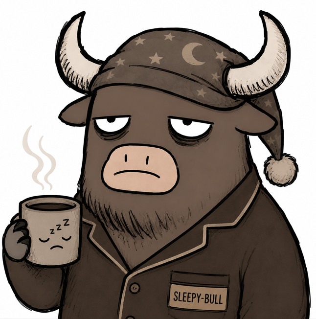 The image features a cartoon depiction of a bull wearing pajamas, holding a cup of coffee with a sad expression. The caption reads "Everyone wants a bullish narrative. Nobody talks about the guy who held through 3 crashes, 17 fake pumps, and irreversible psychological damage. That's Grumpy Bull." This humorous statement is related to the image as it uses the bull character from the cartoon to convey a message about the importance of being tough and resilient in the face of challenges or setbacks.