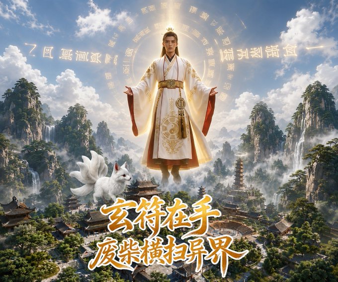 The image features a man dressed in traditional Chinese clothing, standing atop a mountain with a white fox nearby. The background of the image includes mountains and trees, creating an impressionistic scene that captures the essence of nature. The post also contains text written in Chinese characters, which adds cultural context to the image.