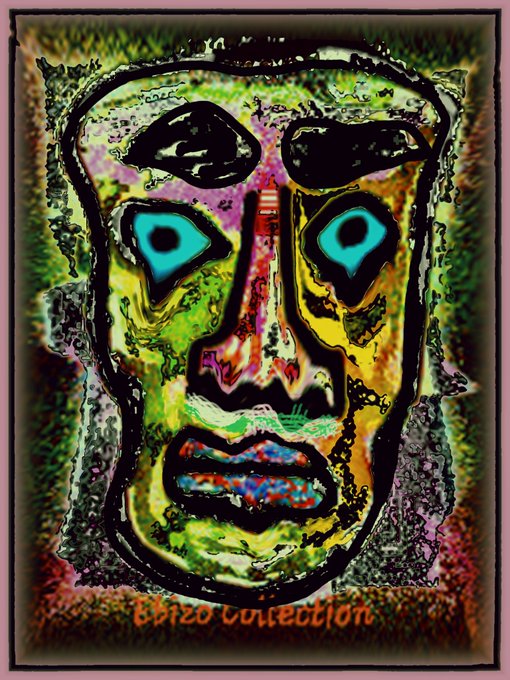 A vibrantly colored, psychedelic-style painted face mask with the text 'Ebizo Collection' written below it.