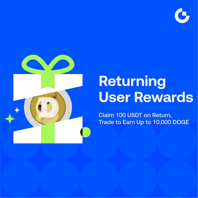 A promotional graphic with a blue background featuring a gift box containing Dogecoin tokens, advertising "Returning User Rewards" with "Claim 100 USDT on Return, Trade to Earn Up to 10,000 DOGE."