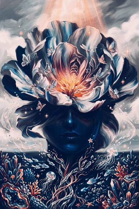 Surreal painting of a woman with blue skin whose head transforms into a large dark flower with a glowing orange center, surrounded by butterflies, with coral and underwater elements below.