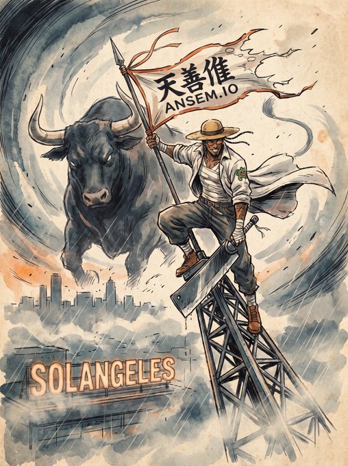 An illustration depicts a warrior in a straw hat wielding a sword atop a tower with a flag reading "天善惟 ANSEM.IO," while a massive charging bull looms over the city skyline labeled "SOLANGELES," with the accompanying text identifying the work as part of a "SOLANGELES x $ANSEM // 18" art collection.
