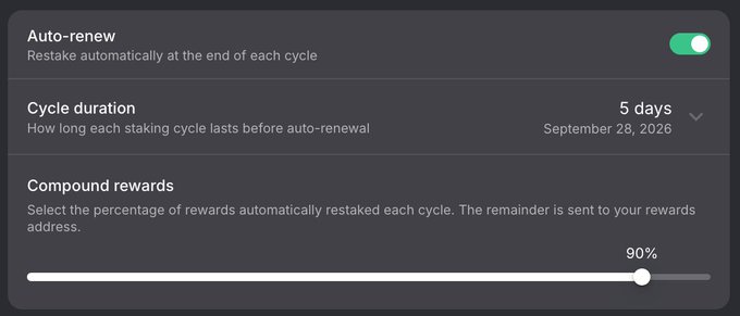 A digital interface showing auto-renewal settings with a toggle enabled, a 5-day cycle duration (September 28, 2026), and a compound rewards slider set to 90%.