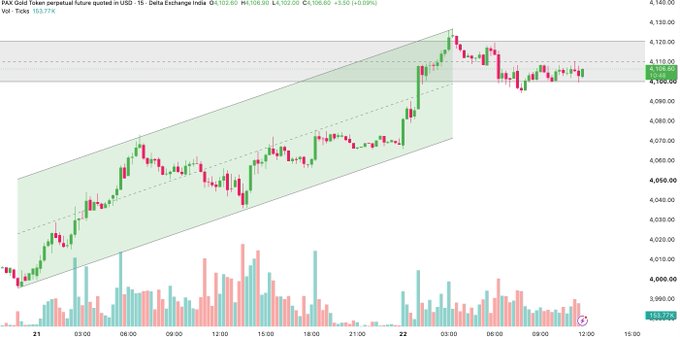 A TradingView chart of "PAX Gold perpetual future quoted in USD · 15" showing PAXG at $4,102.60 with an upward price channel annotation on the 15-minute timeframe.