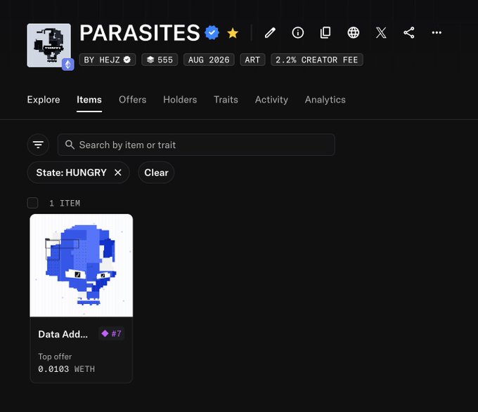 A screenshot of the 'PARASITES' NFT collection page by HEJZ on a marketplace, filtering by the 'State: HUNGRY' trait and displaying a blue pixel art item labeled 'Data Add...' priced at 0.0103 WETH.