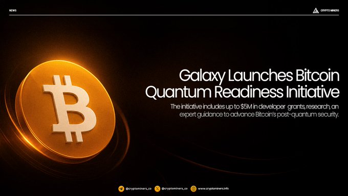 A stylized glowing Bitcoin logo is displayed alongside the headline "Galaxy Launches Bitcoin Quantum Readiness Initiative," with a subheading noting up to $5M in developer grants and research to advance Bitcoin's post-quantum security—visually reinforcing the article's announcement about Galaxy's new quantum-focused funding program.