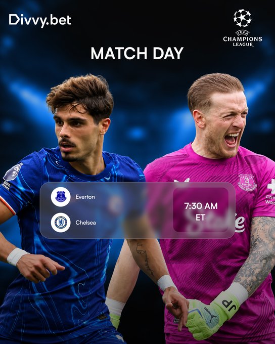 A Divvy.bet match day promotional graphic for a UEFA Champions League game between Everton and Chelsea at 7:30 AM ET, featuring two football players.
