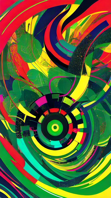A vibrant, abstract digital artwork featuring concentric circles and swirling patterns in bold red, yellow, green, and blue hues.