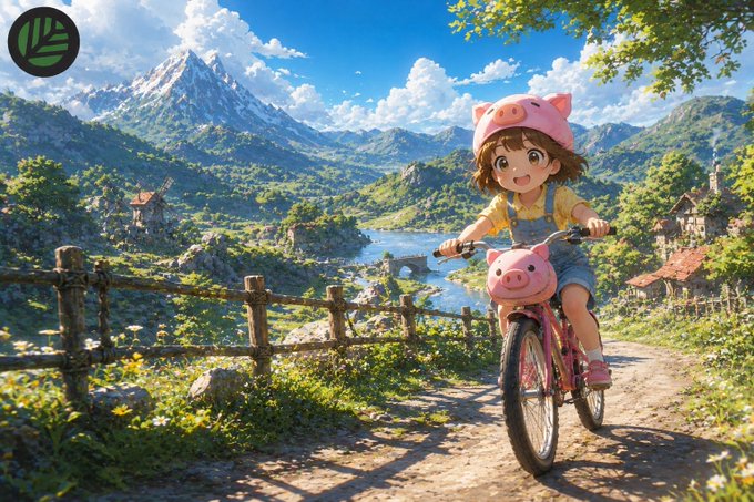 An anime-style illustration of a young girl wearing a pink pig hat and riding a pink bicycle on a dirt path in a scenic mountain village.