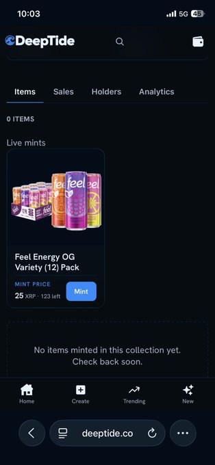 A mobile screenshot of the DeepTide website showing a 'Feel Energy OG Variety (12) Pack' listed under Live mints with a mint price of 25 XRP and 133 left.