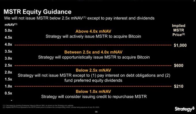 The image shows a list of investment options for an MSR equity guidance service that has been posted. The text indicates that there are different strategies available, with some higher fees and others lower fees, as well as varying investment amounts depending on the desired returns from the investments. One option requires $MSTR to be invested at 4 mNAV below 2 x NANV; another demands $MSTR at 2 x NANV above 1 x NANV. The post highlights that these options are available for strategic investors with a diversified portfolio and a willingness to pay for potential returns on investment, as indicated by the pricing strategy of MSR equity guidance services.
