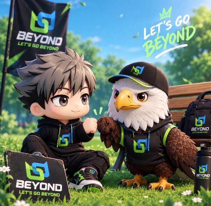 A 3D-rendered cartoon illustration features a chibi boy in black sportswear bumping fists with a white eagle character wearing a black cap and jacket, surrounded by 'BEYOND - LET'S GO BEYOND' branded merchandise and flags.