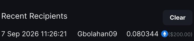 A screenshot of a "Recent Recipients" list displays a transaction dated 7 Sep 2026 11:26:21, showing a transfer of 0.080344 ETH ($200.00) to Gbolahan09, which appears to verify the MetaWin giveaway payout to the announced winner @gbolaha_n9.