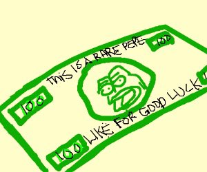 A hand-drawn, crude green illustration on yellow paper resembling a "rare pepe" meme with handwritten text saying "THIS IS A RARE PEPE LIKE FOR GOOD LUCK."
