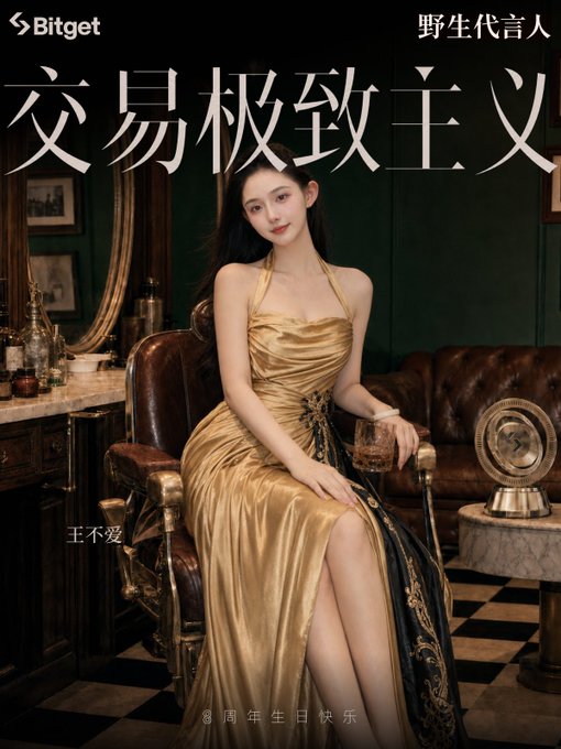 The image is a Bitget promotional poster featuring a woman in an elegant gold halter dress, seated in a leather armchair within a luxurious vintage-styled room, holding a glass of whiskey; visible text includes the "Bitget" logo, "野生代言人" (Wild Spokesperson), "交易极致主义" (Trading Extremism), "王不爱" (Wang Bu Ai), and "8周年生日快乐" (Happy 8th Anniversary), tying directly to the post celebrating Bitget's 8th anniversary and the celebrity endorser's three-year partnership with the platform during its growth through the bear market.