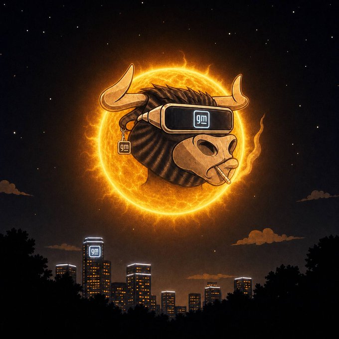 A stylized bull wearing a VR headset with "gm" branding smokes a cigarette while framed by a glowing solar eclipse, towering over a city skyline lit with the same "gm" logo. The image visually embodies the crypto community's "Gm gm" morning greeting, depicting a bullish, zen-like vibe in the city above the clouds.