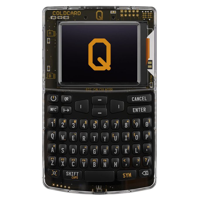 A transparent ColdCard Q Bitcoin hardware wallet with "COLDCARD Q" branding and a Q logo on its screen, featuring a full QWERTY keyboard. The image relates to the post about ColdCard's handling of a 5-year-old bug, as it depicts the company's cryptocurrency hardware wallet product.