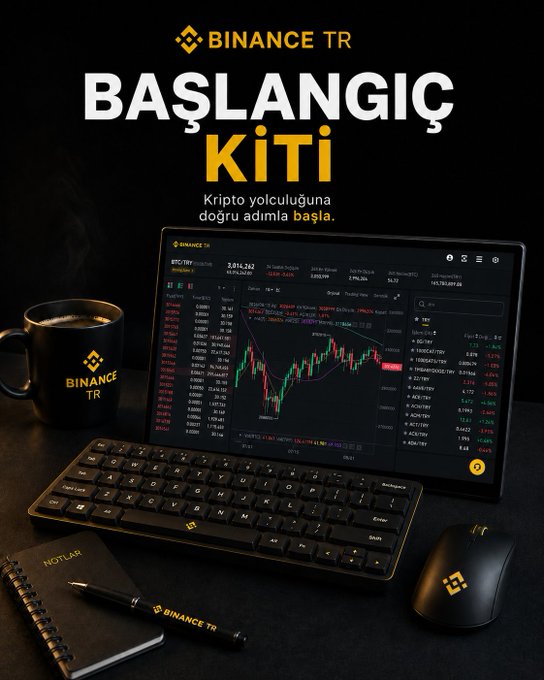 A Binance TR promotional image for their "Başlangıç Kiti" (Starter Kit) campaign features a black and gold themed desk setup with a monitor displaying the BTC/TRY trading chart (showing 3,013,232), accompanied by a branded coffee mug, wireless keyboard, mouse, and a notebook labeled "NOTLAR." The setup visually reinforces the post's message that everything needed to begin a crypto journey is conveniently available in one place.