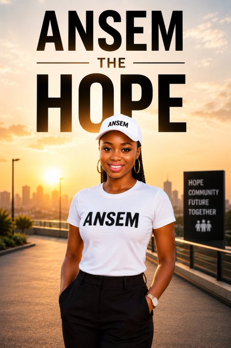 This image features the text "ANSEM THE HOPE" above a woman wearing an "ANSEM" t-shirt and hat, who is walking in front of a city skyline at sunset. The post's hope stems from the fact that there are no minimum holding requirements for the $ANSEM distribution, making it accessible to all.
