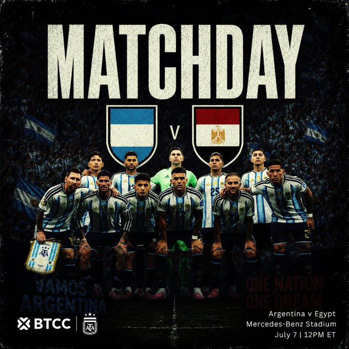 A promotional matchday graphic for Argentina vs Egypt at Mercedes-Benz Stadium on July 7, 12 PM ET, featuring the Argentina national football team posed together with their team crest opposite the Egypt national team crest, accompanied by "VAMOS ARGENTINA" and "ONE NATION ONE DREAM" slogans and BTCC branding. The image directly supports the post by announcing the fixture tied to BTCC's x1.25 trading volume promotion and prediction market.