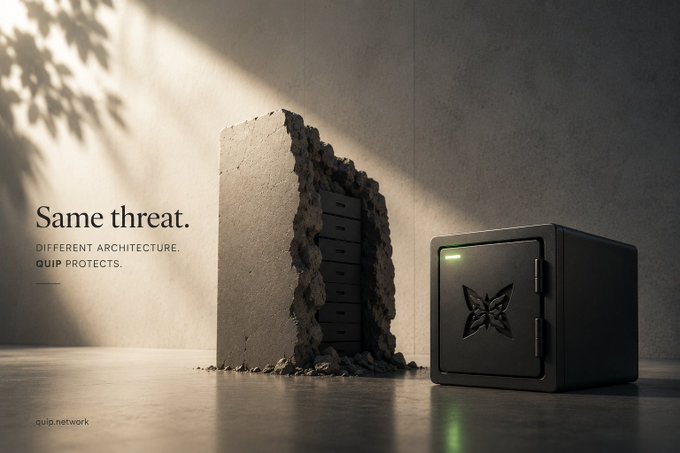 The image shows a cracked concrete wall revealing old filing drawers beside a modern black Quip-branded safe, with text reading "Same threat. Different architecture. Quip protects." and "quip.network" at the bottom, visually contrasting outdated traditional storage with Quip's upgraded security approach—echoing NordLocker's Project Renaissance overhaul of its cloud storage platform's underlying architecture.