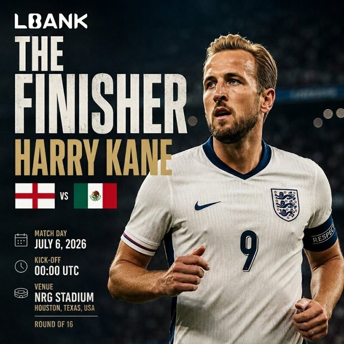 A promotional graphic features England captain Harry Kane in his #9 jersey alongside the text "LBANK THE FINISHER HARRY KANE," advertising a Round of 16 World Cup match between Mexico and England on July 6, 2026, at NRG Stadium in Houston, Texas—matching the post's call for fans to predict the knockout-stage outcome on LBank Predict.