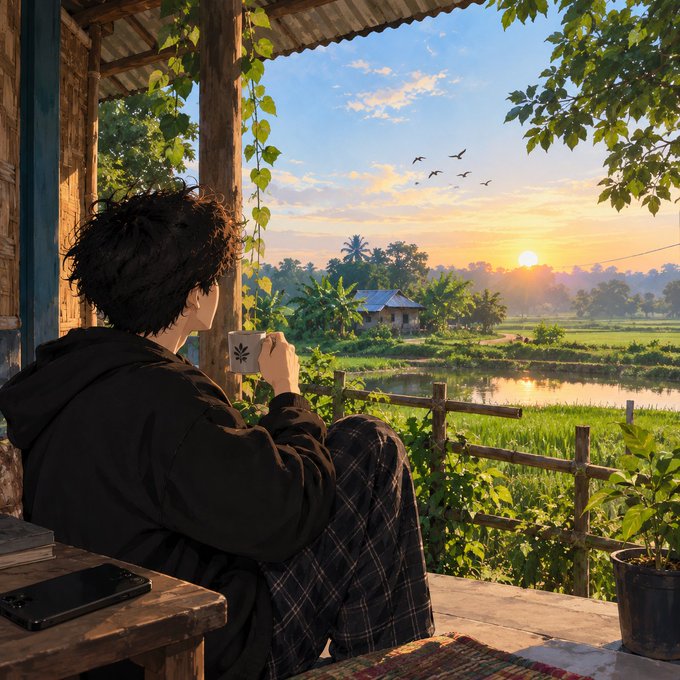 An anime-style illustration of a young person with dark hair sitting on a porch at sunset, holding a mug and looking out over lush rice fields with birds flying overhead.