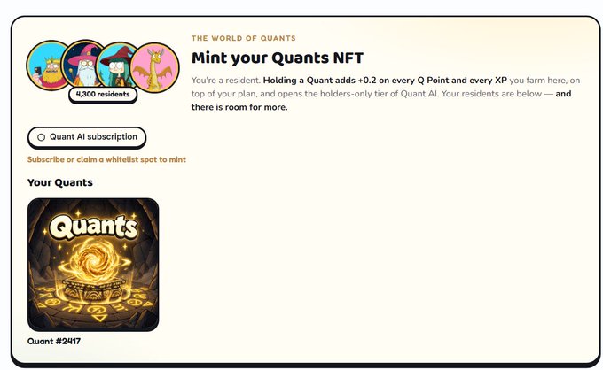 A webpage interface titled 'THE WORLD OF QUANTS' invites users to 'Mint your Quants NFT,' displaying user profile icons with '4,300 residents' and a featured golden NFT labeled 'Quants' and 'Quant #2417'.