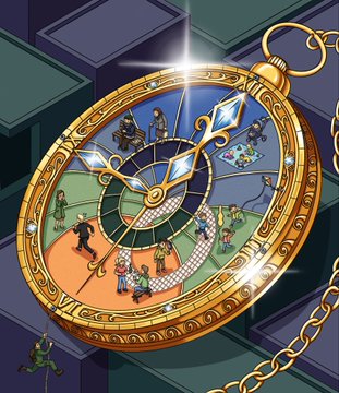 An illustration of a golden pocket watch with a detailed dial showing miniature characters and scenes, hanging from a gold chain.