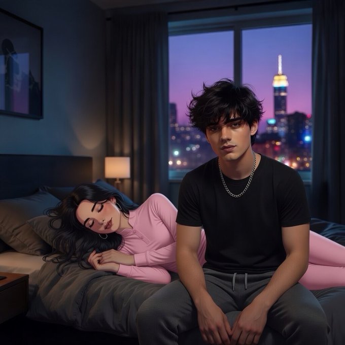 A digital illustration depicting a young man with dark curly hair wearing a black shirt and silver chain sitting on a bed, looking contemplative while a woman with long dark hair in a pink hoodie sleeps beside him, with a nighttime city skyline visible through the window.