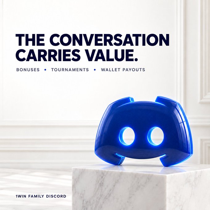 Promotional image for 1WIN Family Discord featuring a blue Discord logo on a marble pedestal with the tagline 'THE CONVERSATION CARRIES VALUE' and features listed as 'BONUSES • TOURNAMENTS • WALLET PAYOUTS'.