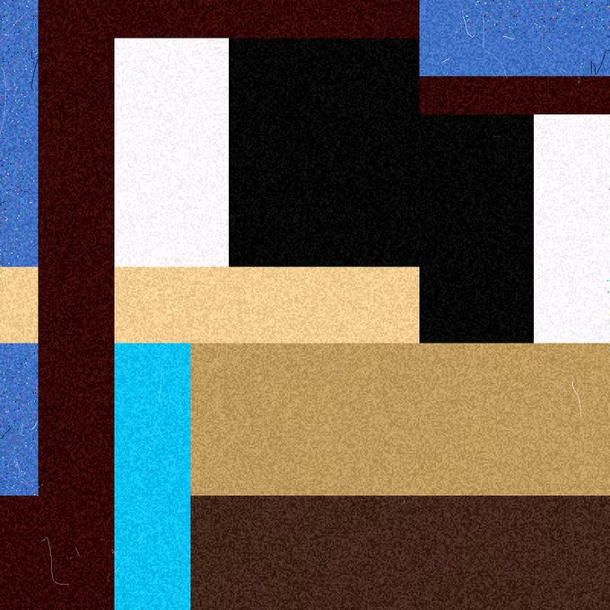 An abstract geometric artwork features overlapping rectangular blocks in colors of brown, black, white, tan, turquoise, and blue.