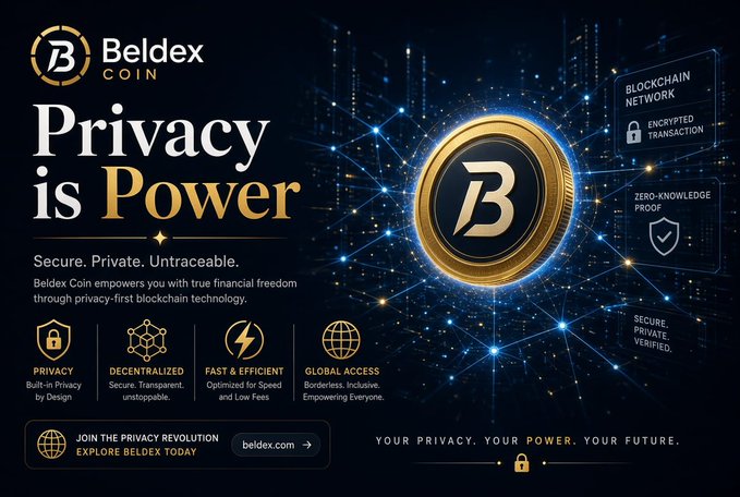 The image is a promotional banner for Beldex Coin featuring the tagline "Privacy is Power" with a large golden "B" coin emblem surrounded by a blockchain network visualization, alongside key features like Privacy, Decentralized, Fast & Efficient, and Global Access, directing viewers to beldex.com. It visually reinforces the accompanying post's message that Beldex champions digital freedom and privacy as essential rights rather than promising quick wealth, aligning with the banner's emphasis on "Secure. Private. Untraceable." technology.