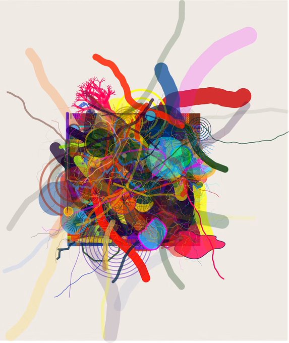 A vibrant, abstract digital artwork featuring a chaotic burst of colorful organic shapes, splashes, and linework radiating outward from a central square against a white background.