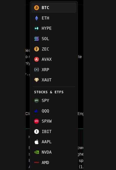 A mobile app menu listing cryptocurrencies (BTC, ETH, HYPE, SOL, ZEC, AVAX, XRP, XAUT) and Stocks & ETFs (SPY, QQQ, SPXW, IBIT, AAPL, NVDA, AMD).